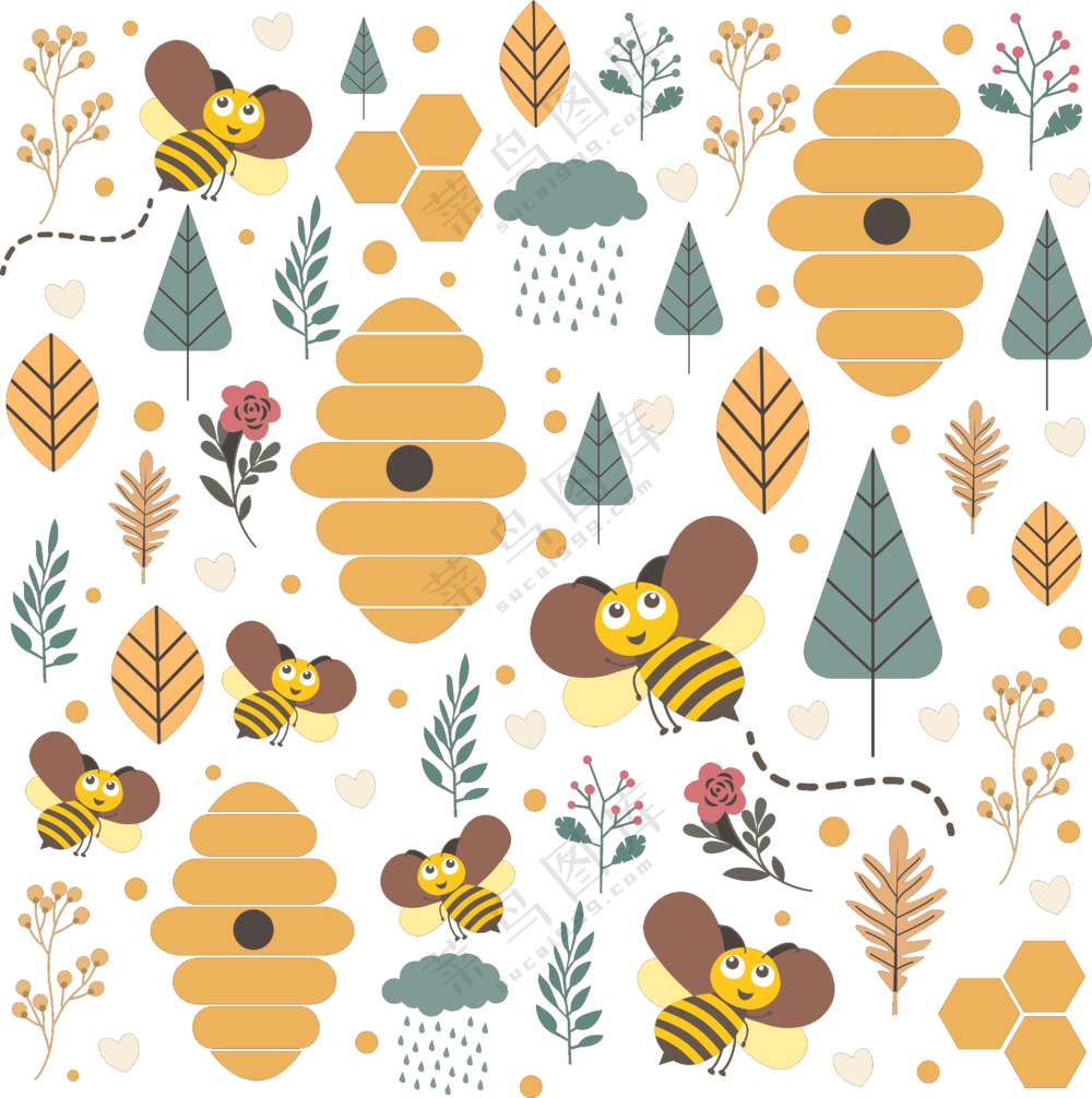 树木与小蜜蜂插画创意免抠图片素材