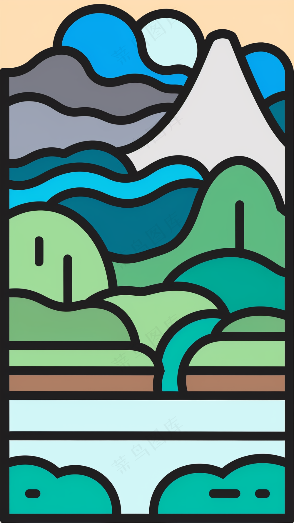 蓝色系群山山脉 抽象粗线条简笔风景画