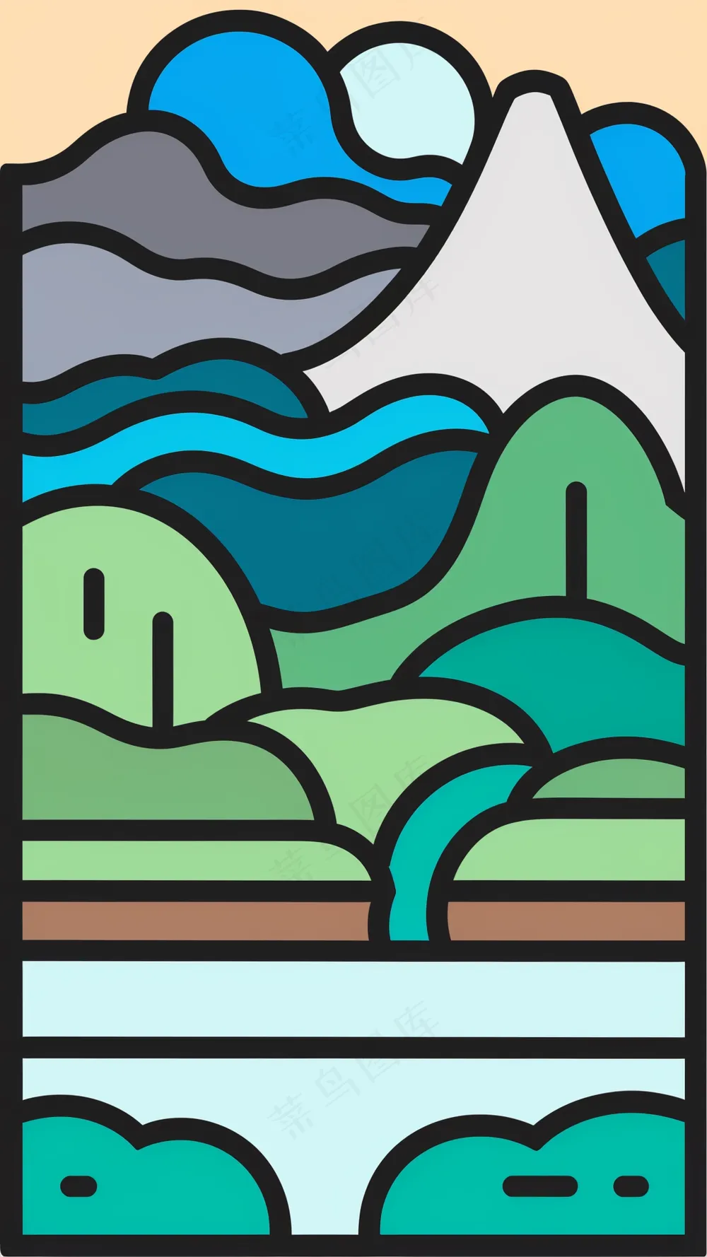 蓝色系群山山脉 抽象粗线条简笔风景画