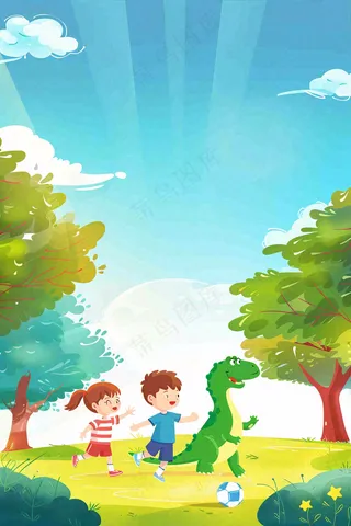 儿童和恐龙一起踢球玩耍创意童话儿童节卡通插画背景