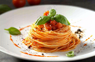 美味的意大利面番茄奶油意面罗勒叶美食摄影图