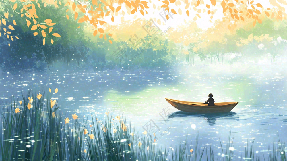 秋天湖面泛舟的人落叶芦苇寒露白露插画背景