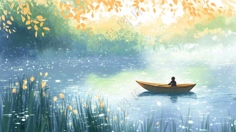 秋天湖面泛舟的人落叶芦苇寒露白露插画背景