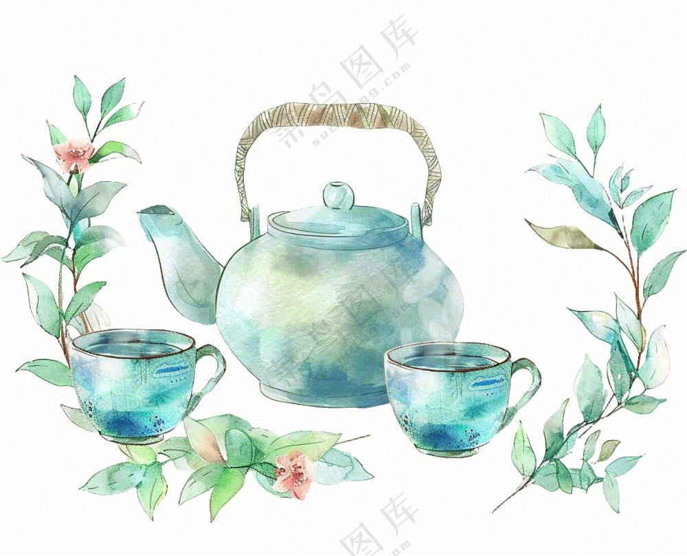水彩茶壶茶杯插画免抠