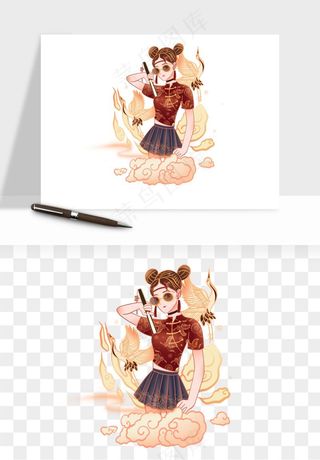 手绘国潮女性人物插画png免抠