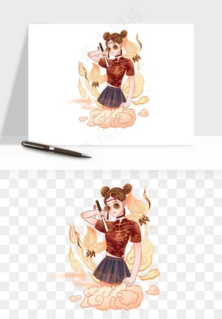 手绘国潮女性人物插画png免抠