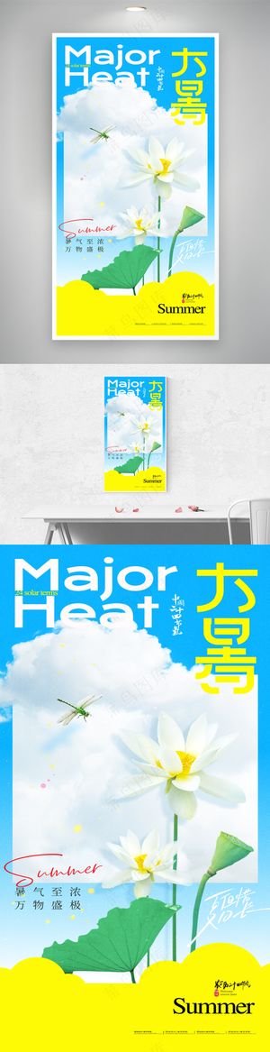 大暑荷花简约撞色海报