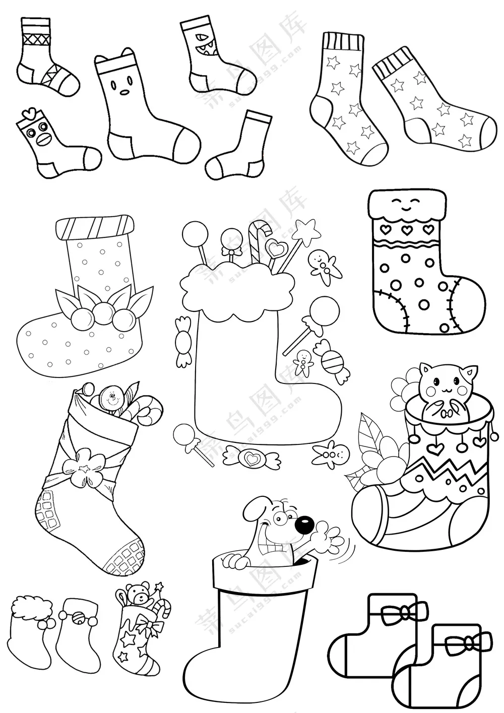 幼儿园可爱袜子简笔画线稿元素大合集