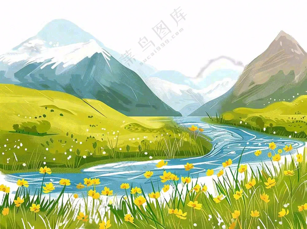 自然风景高原苔原湖泊新疆卡通插画免抠