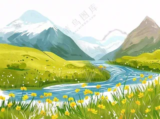 自然风景高原苔原湖泊新疆卡通插画免抠