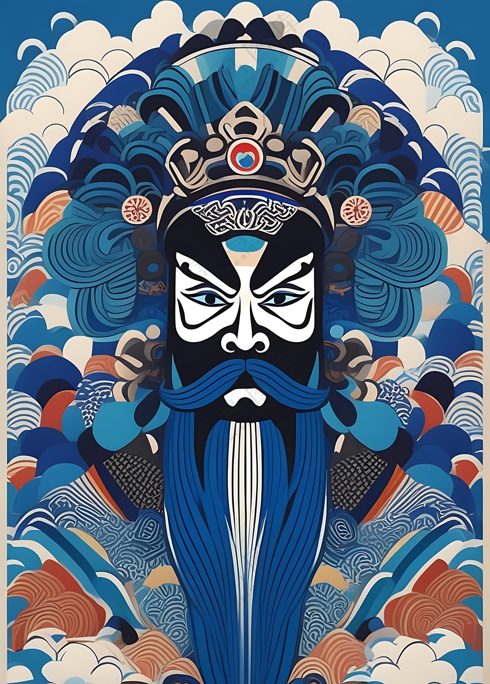 京剧脸人物_插画_扁平元素_图形丰富_蓝色和黑色
