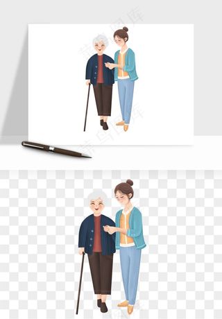 手绘老人陪伴png免抠