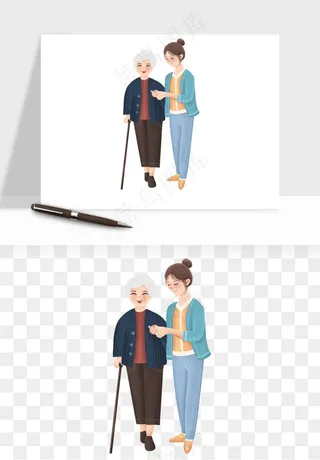 手绘老人陪伴png免抠