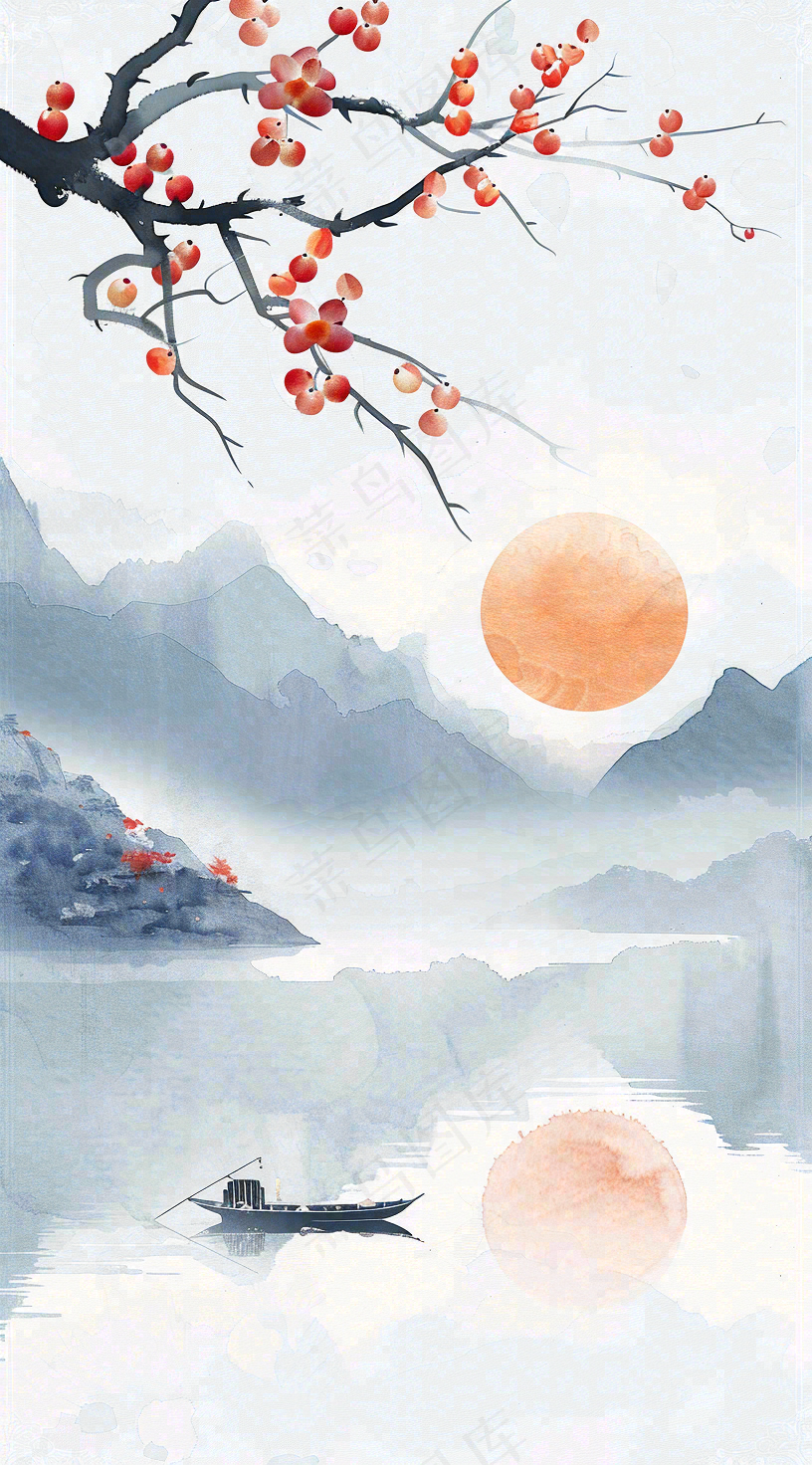 中国风山水秋冬柿子树霜降插画背景