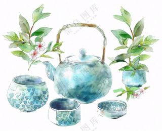 水彩茶壶茶杯插画免抠
