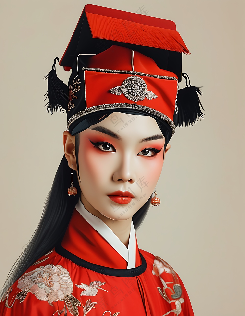 京剧状元女_红色汉服_黑色状元帽子_写实