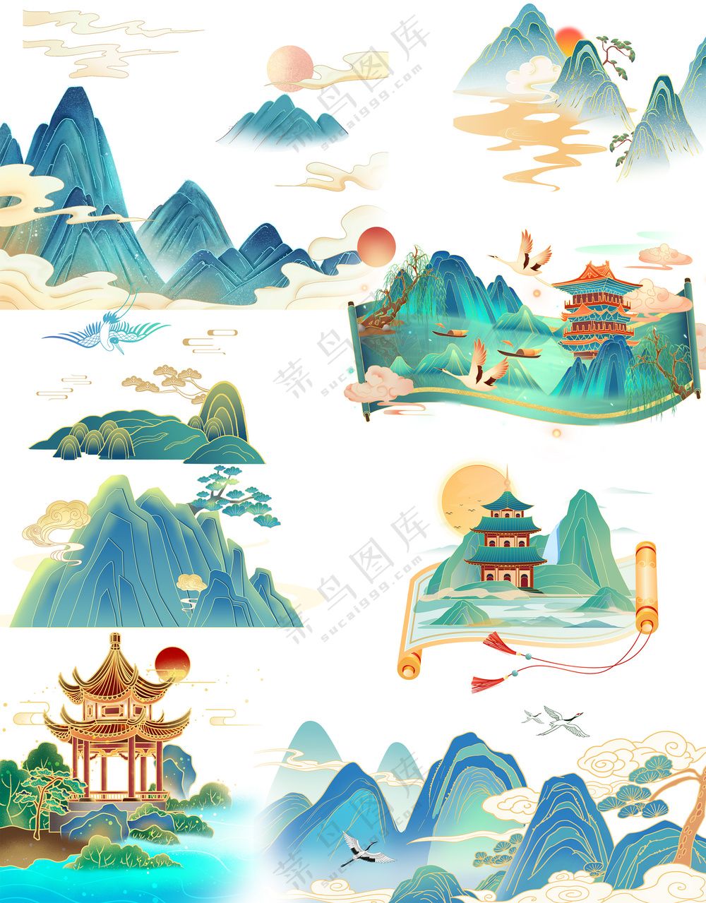 只此青绿中式山水风景元素大合集