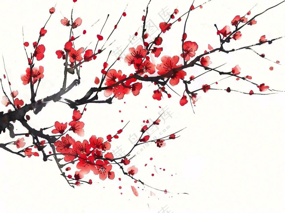 红色梅花傲雪水墨画插画免抠