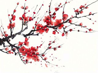 红色梅花傲雪水墨画插画免抠