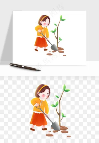 手绘植树节挖土人物png免抠