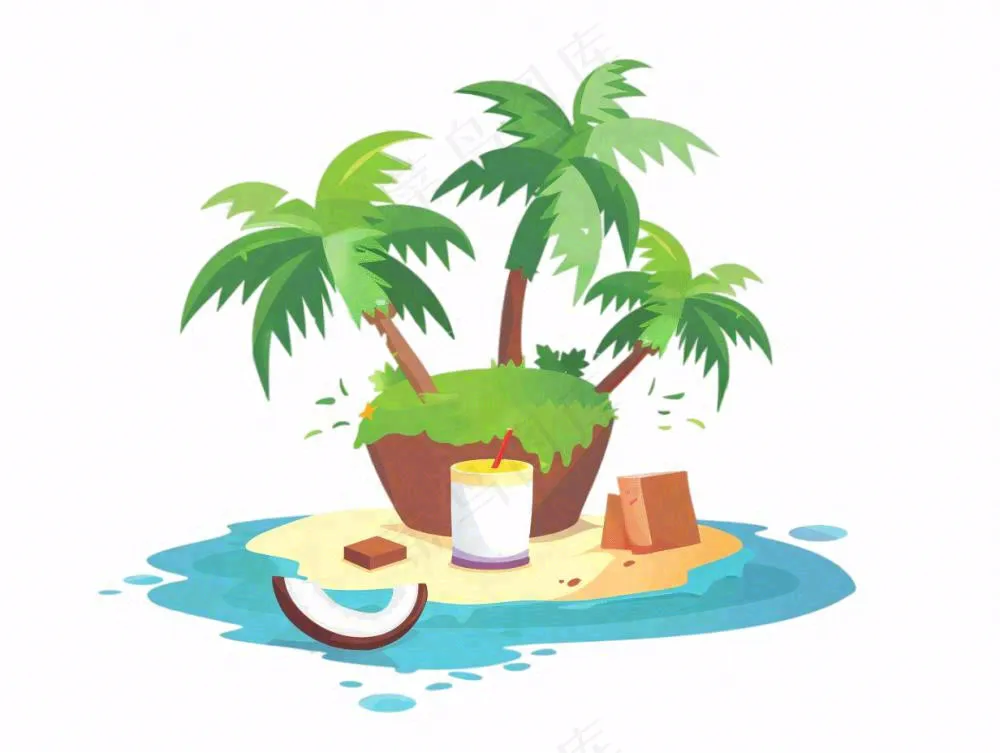 椰子岛椰子树海洋岛屿卡通插画免抠