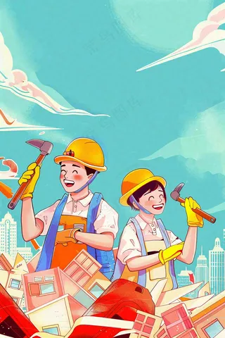 卡通插画工地辛勤劳动工人劳动节插画背景