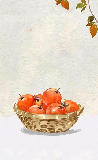 秋冬柿子树下的柿子水果霜降插画背景