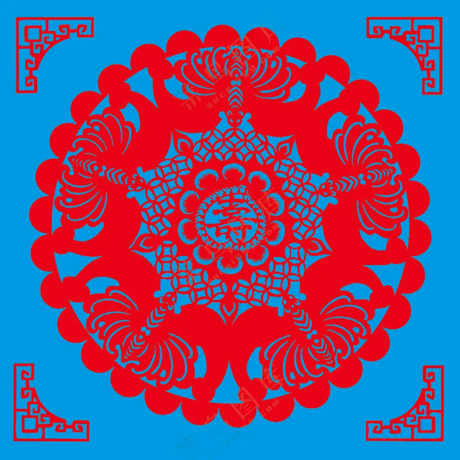 红色团花 五福捧寿剪纸