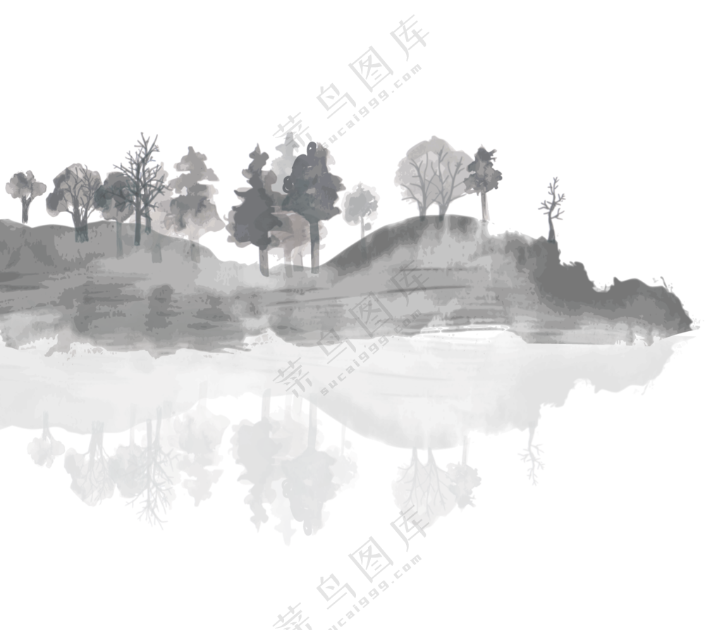 湖光山色树木风景水墨绘画免抠图片