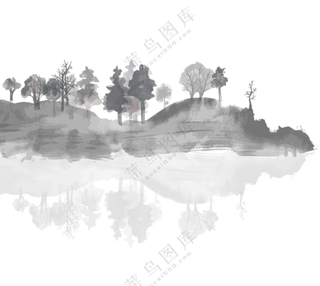 湖光山色树木风景水墨绘画免抠图片