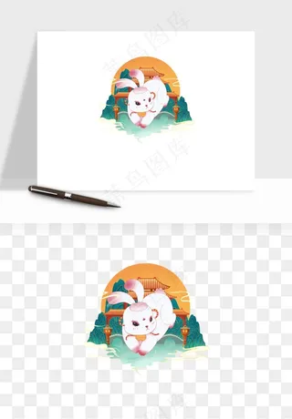 中秋月饼玉兔国潮插画png免抠