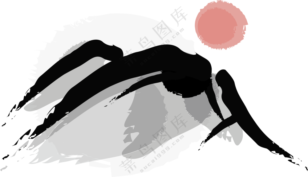 一轮红日下的高山水墨绘画PNG图片