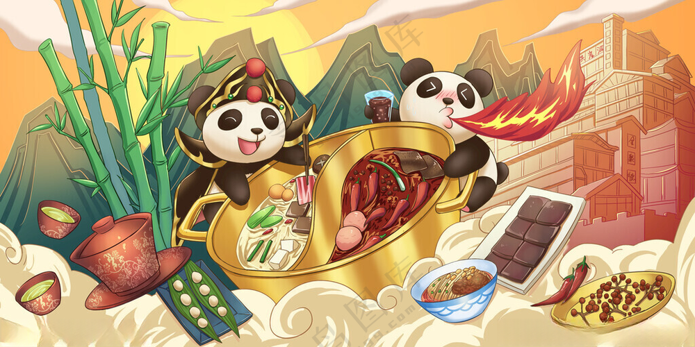 国潮火锅插画国潮工装背景国潮料理