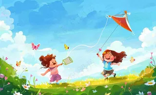 草坪扑蝴蝶的孩子们儿童节卡通插画背景