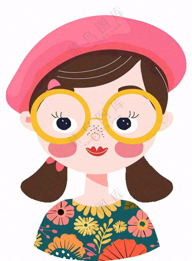 戴眼镜的可爱女孩精致人物卡通插画免抠