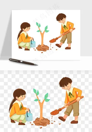 手绘植树节挖土人物png免抠