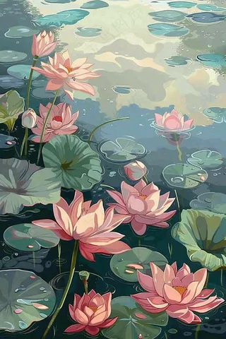 立夏池塘荷花荷叶插画夏至小暑大暑处暑背景