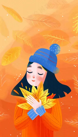 秋天女孩抱着落叶唯美卡通插画秋分立秋背景