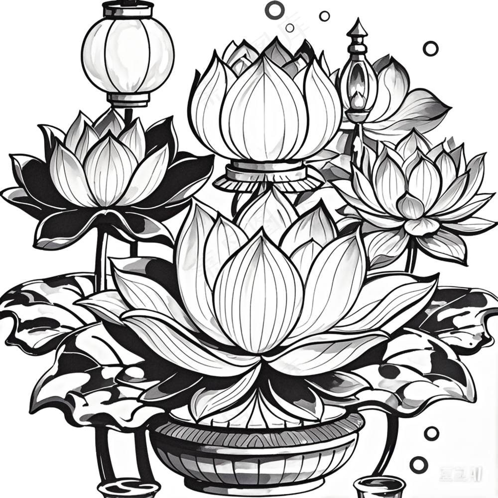 中式黑白莲花灯免抠图中元节