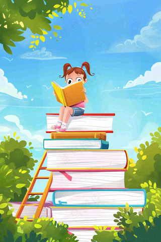 坐着书本课本上的学生儿童学习儿童节卡通插画背景