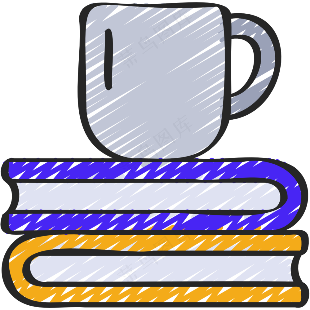 一堆书上有茶杯 铅笔手绘图标icon