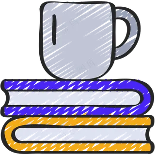 一堆书上有茶杯 铅笔手绘图标icon