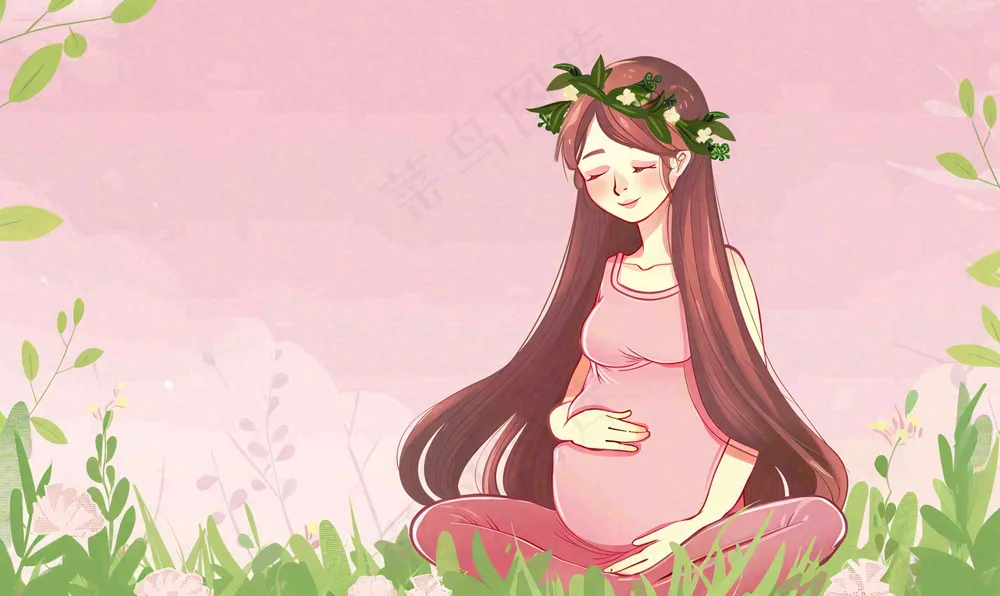 草丛鲜花里的孕妈妈唯美场景母爱母亲节粉色插画背景
