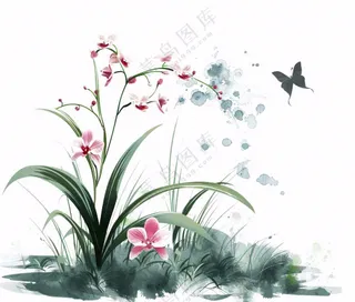 兰花粉色吊兰蝴蝶水墨画插画免抠
