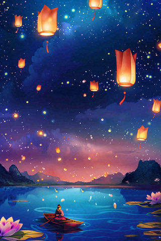 夜晚点灯孔明灯祈福中元节寒衣节插画背景