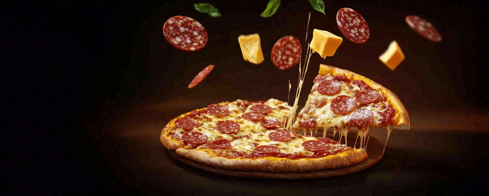 美味的披萨芝士培根腊肠美食摄影图