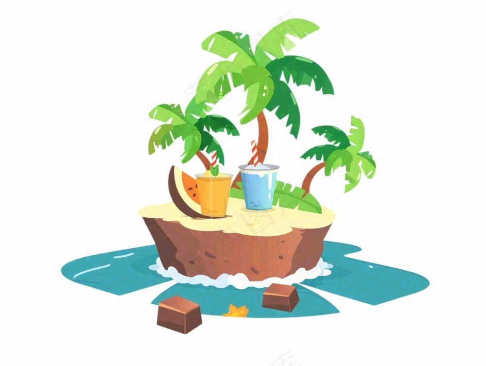 椰子岛椰子树海洋岛屿卡通插画免抠