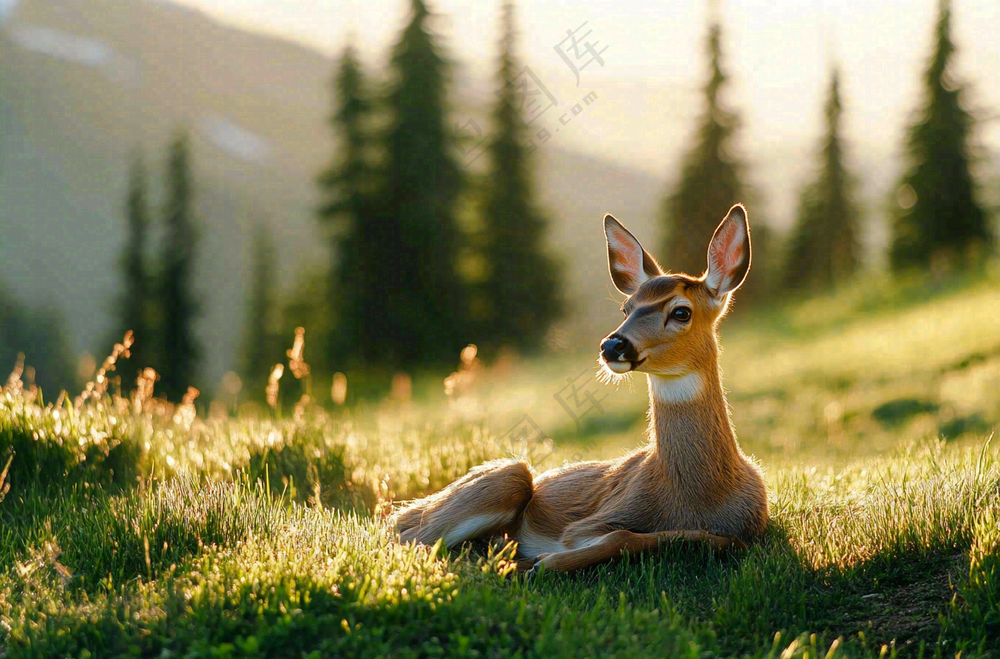 A deer resting in the grass on top of Mount Rainier, Washington, USA with trees and green meadows in the background. Soft sunlight highlights its features. Photographed by David Bradley using a Sony A