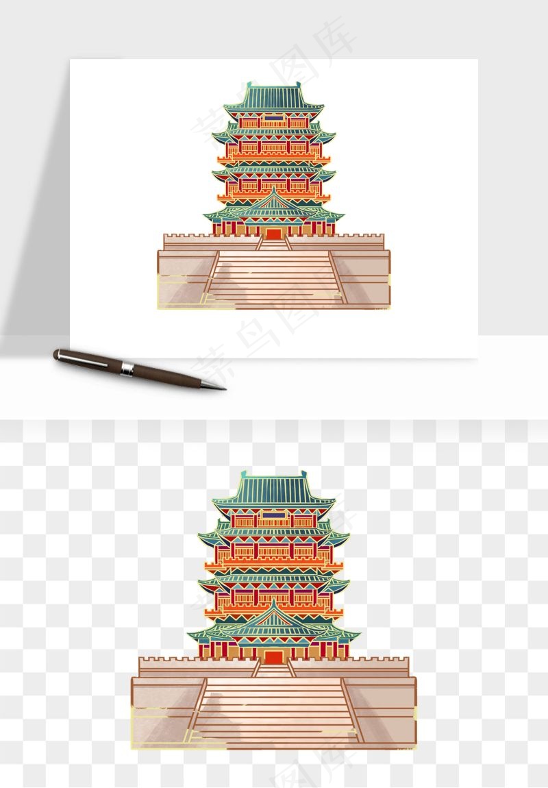 国潮风古建筑古楼古塔鼓楼psd,png免抠图