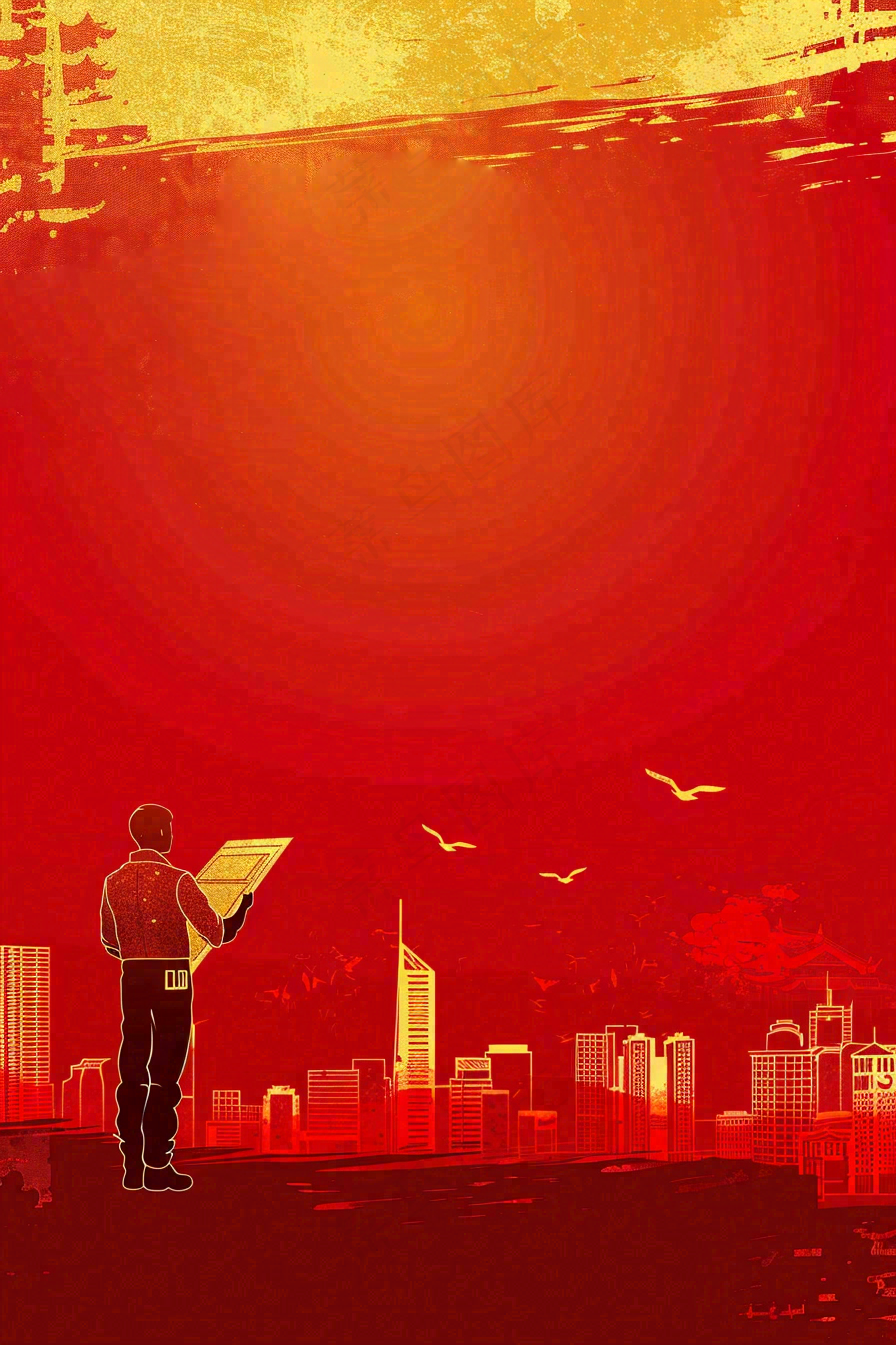 红色工地指挥工人职业人物剪影劳动节插画背景